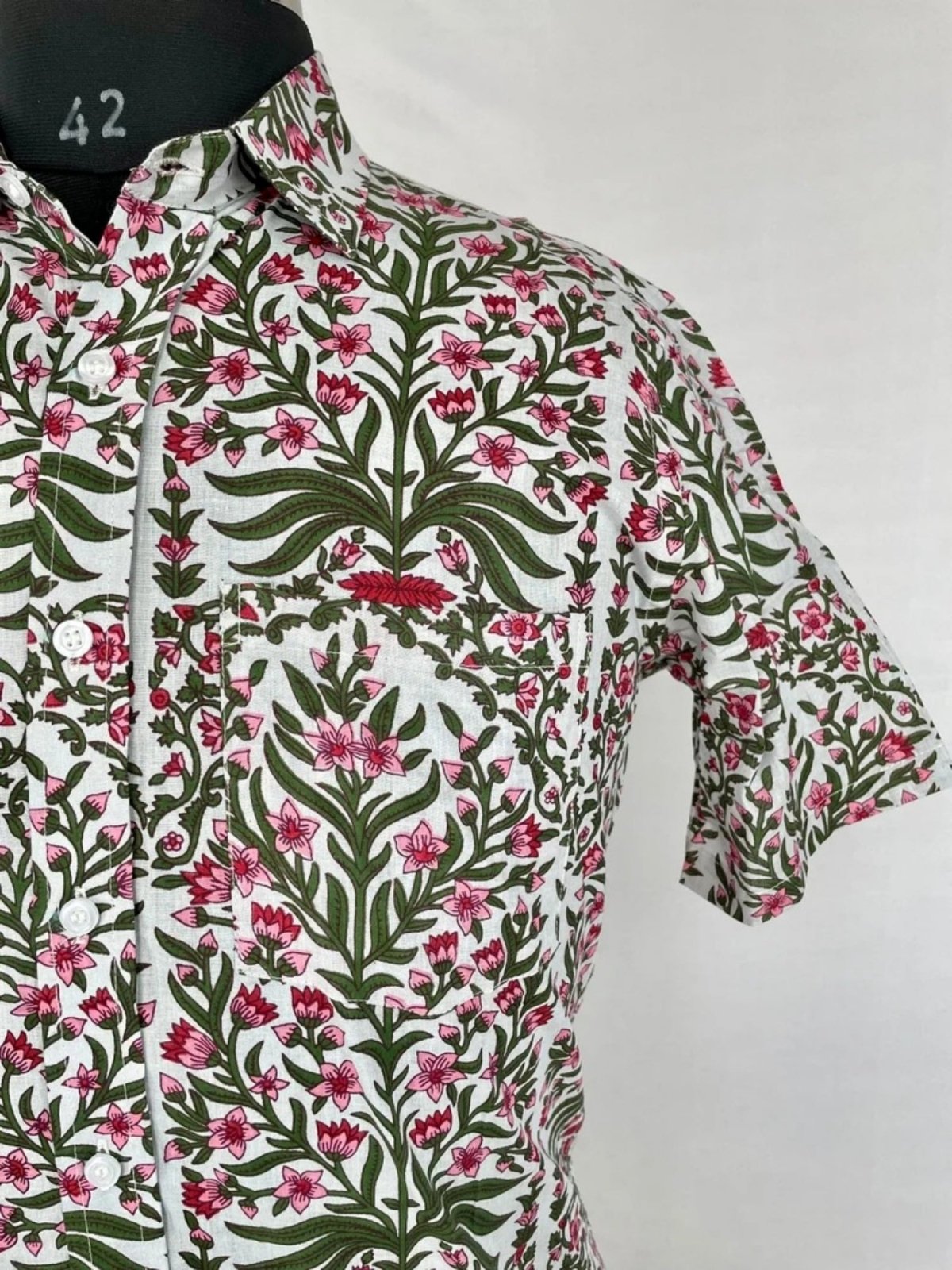 Men's Shirt Pure Cotton Handblock Print | Summer Cool Casual Beach Wear, Comfortable Garden Picnic Urban Man Dad Gift | Grey Pink Floral - The Eastern Loom