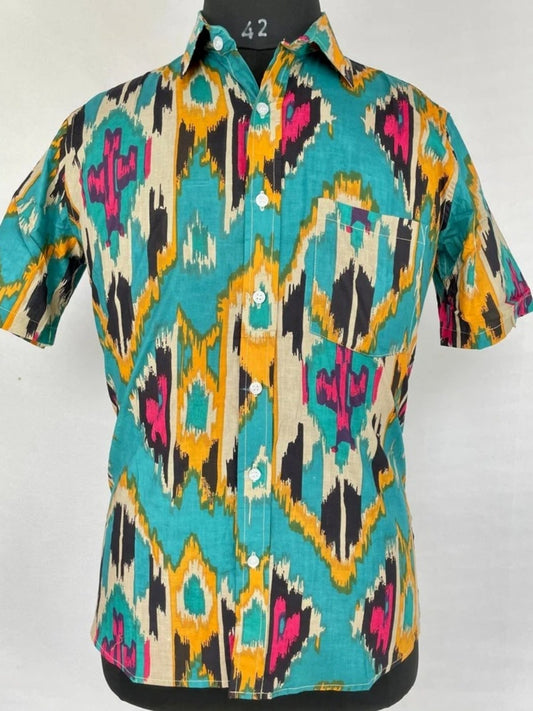 Men's Shirt Pure Cotton Handblock Print | Summer Cool Casual Beach Wear, Comfortable Garden Picnic Urban Man Dad Gift | Turquoise Ikat Print - The Eastern Loom