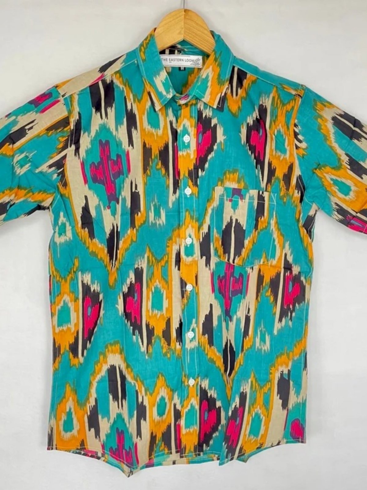 Men's Shirt Pure Cotton Handblock Print | Summer Cool Casual Beach Wear, Comfortable Garden Picnic Urban Man Dad Gift | Turquoise Ikat Print - The Eastern Loom