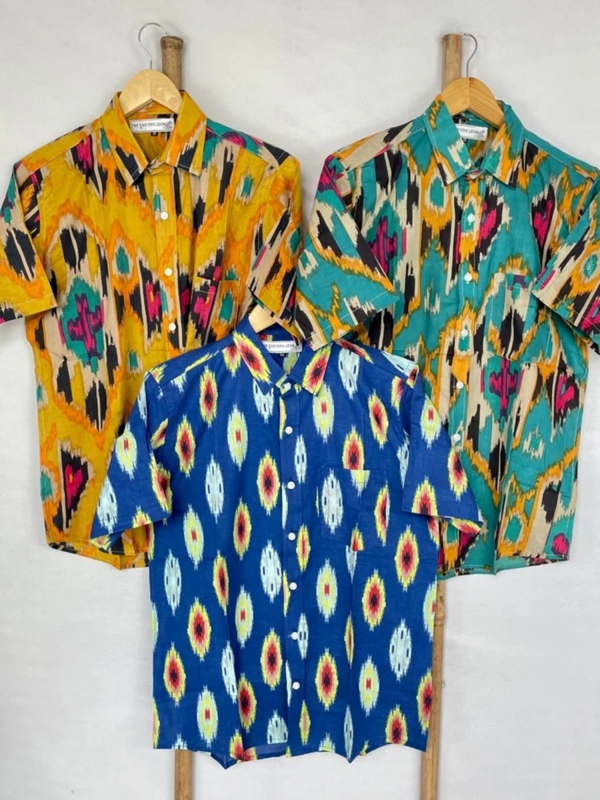 Men's Shirt Pure Cotton Handblock Print | Summer Cool Casual Beach Wear, Comfortable Garden Picnic Urban Man Dad Gift | Yellow Mustard Ikat - The Eastern Loom
