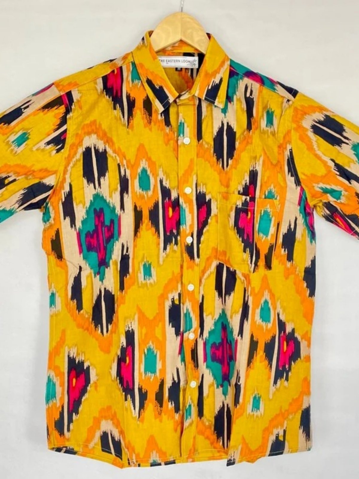 Men's Shirt Pure Cotton Handblock Print | Summer Cool Casual Beach Wear, Comfortable Garden Picnic Urban Man Dad Gift | Yellow Mustard Ikat - The Eastern Loom