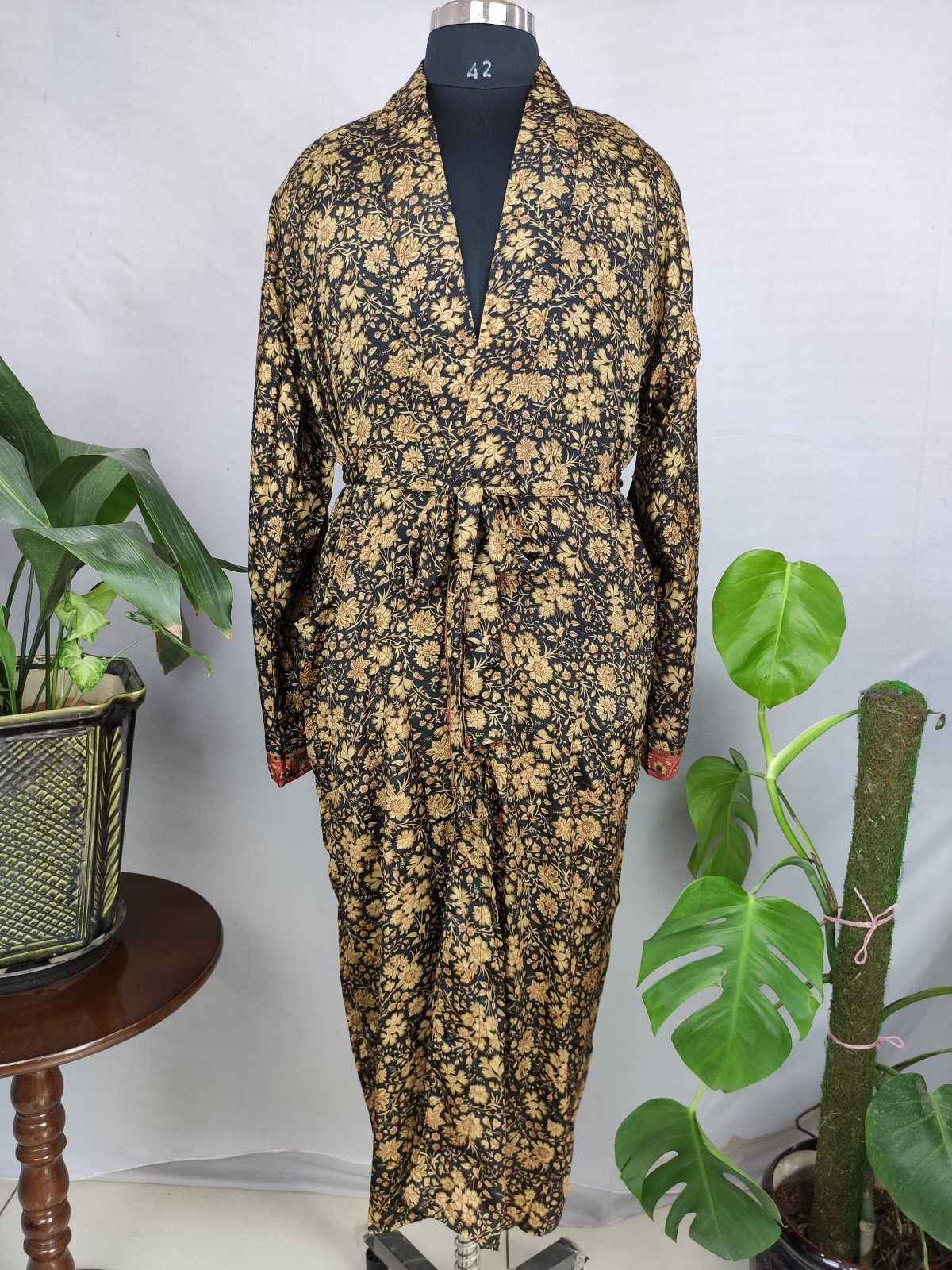 Men’s Soft Silk Boho Persian House Robe Kimono Luxurious Black Gold Florals | Bestseller - The Eastern Loom