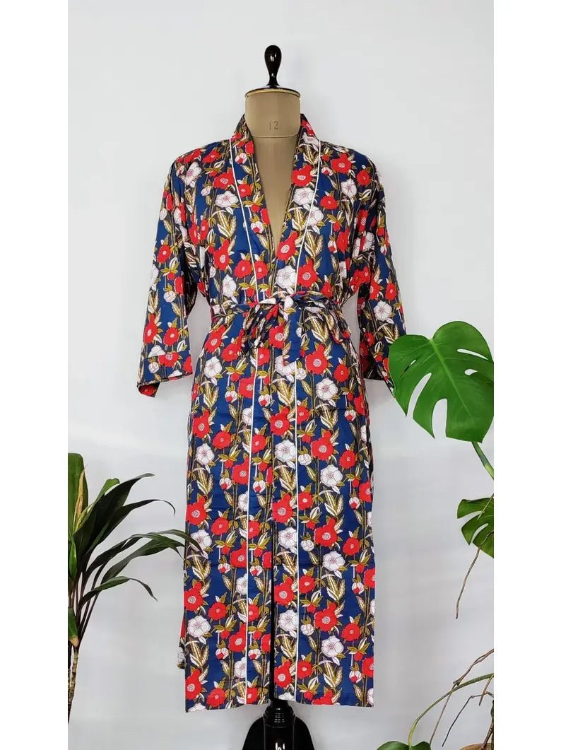 Pure Cotton Handprinted House Robes Summer Kimono Cool Blue Red White Floral Beach Coverup/Comfy Maternity Mom Gift Her/Girlfriend/Sister - The Eastern Loom