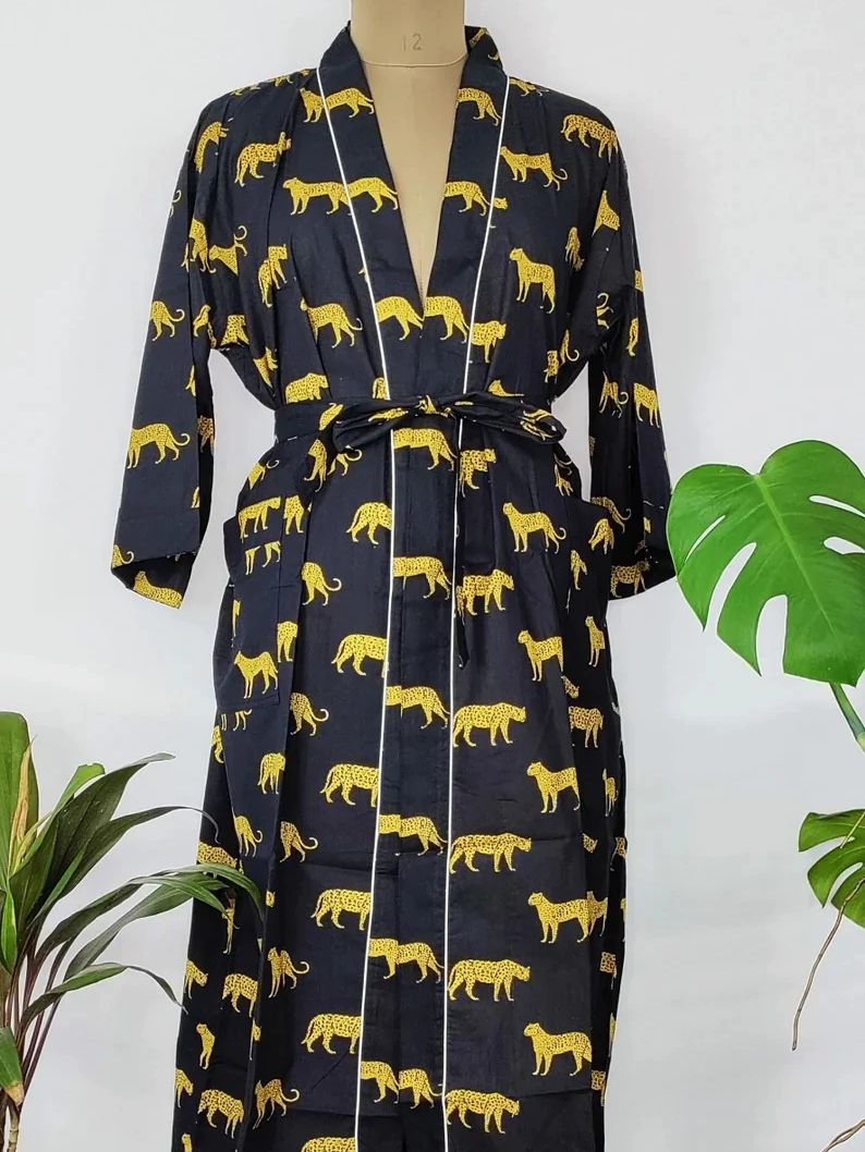Pure Cotton Handprinted House Robes Summer Kimono Elegant Black Love Yellow Leopard Animal Beach Coverup/Comfy Maternity Mom Gift Her/Sister - The Eastern Loom