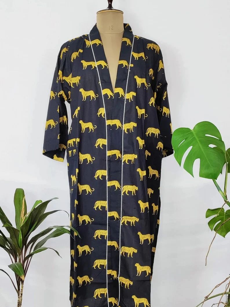 Pure Cotton Handprinted House Robes Summer Kimono Elegant Black Love Yellow Leopard Animal Beach Coverup/Comfy Maternity Mom Gift Her/Sister - The Eastern Loom