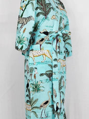 Pure Cotton Indian Block Printed House Robe Summer Kimono | Blue Safari Animal Floral Beach Coverup/Comfy Maternity Mom - The Eastern Loom