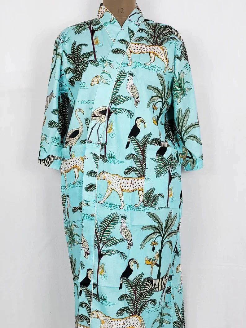 Pure Cotton Indian Block Printed House Robe Summer Kimono | Blue Safari Animal Floral Beach Coverup/Comfy Maternity Mom - The Eastern Loom