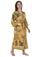 Pure Cotton Indian Block Printed House Robe Summer Kimono | Mustard Safari Animal Floral Beach Coverup/Comfy Maternity Mom - The Eastern Loom