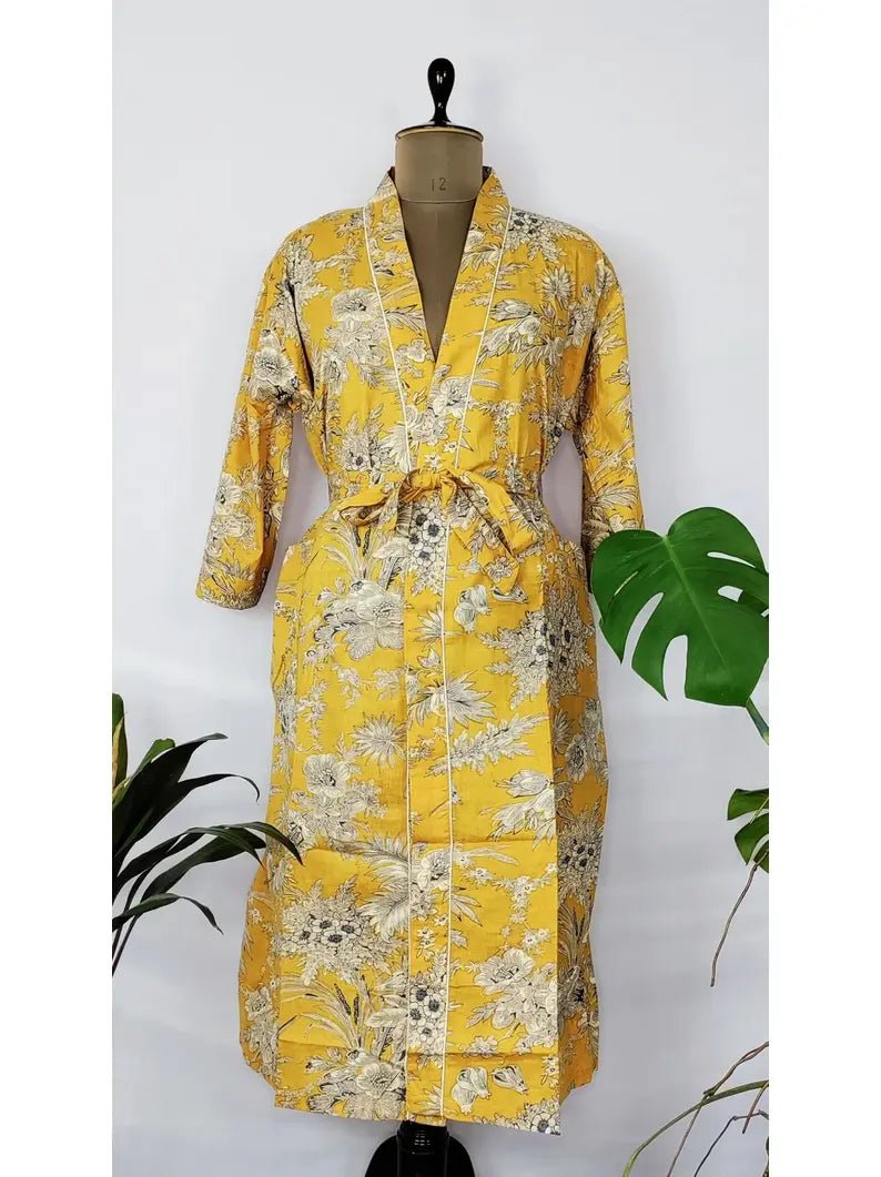 Pure Cotton Indian Handprinted House Robe Summer Kimono | Black Yellow Anthro Leaf Floral Print Beach Coverup/Comfy Maternity Mom Gift - The Eastern Loom