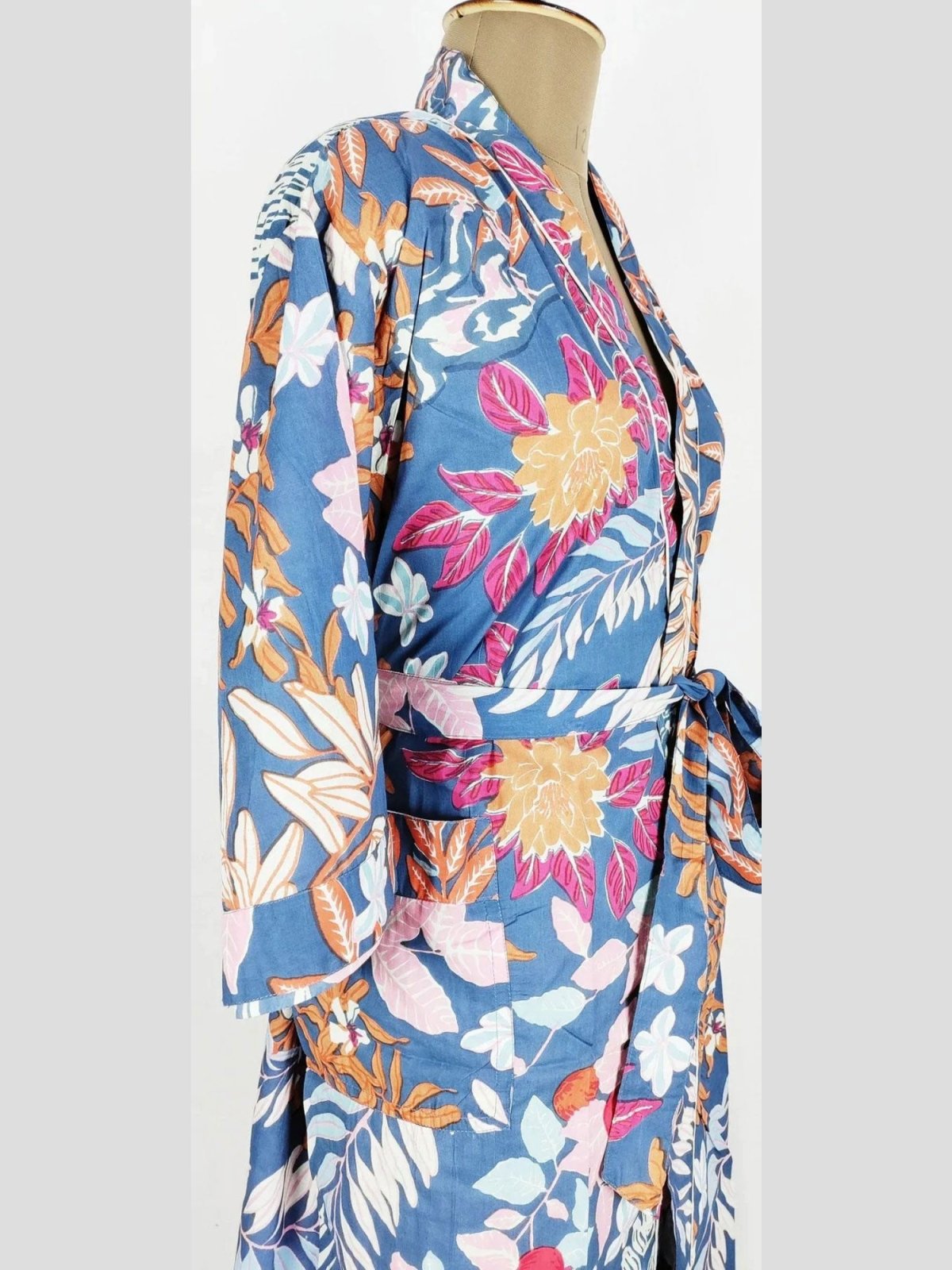 Pure Cotton Indian Handprinted House Robe Summer Kimono | Blue Pink Floral Beach Coverup/Comfy Maternity Mom - The Eastern Loom