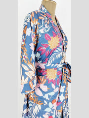 Pure Cotton Indian Handprinted House Robe Summer Kimono | Blue Pink Floral Beach Coverup/Comfy Maternity Mom - The Eastern Loom
