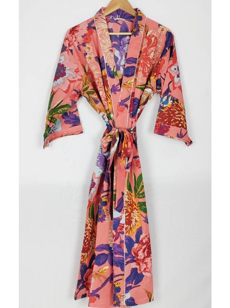 Pure Cotton Indian Handprinted House Robe Summer Kimono | Peach Black Multicolour Botanical Blossom Beach Coverup/Comfy Maternity Mom - The Eastern Loom