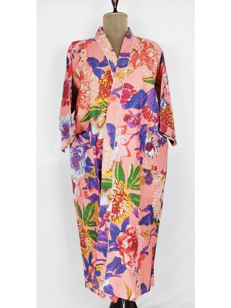 Pure Cotton Indian Handprinted House Robe Summer Kimono | Peach Black Multicolour Botanical Blossom Beach Coverup/Comfy Maternity Mom - The Eastern Loom