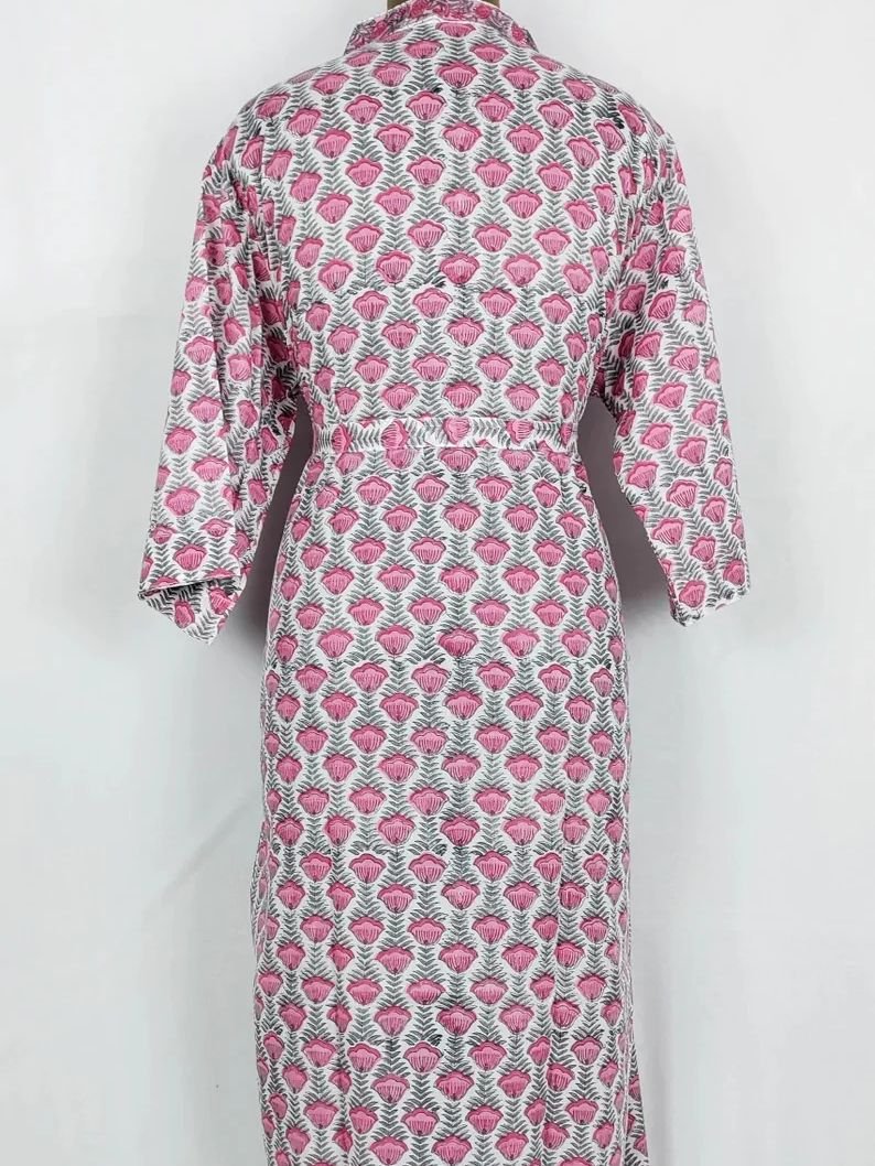 Pure Cotton Indian Handprinted House Robe Summer Kimono | Pink Tulip Flower Coverup/Comfy Maternity Mom - The Eastern Loom