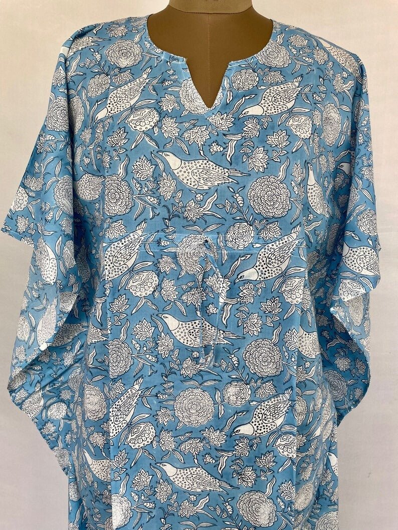 Pure Cotton Kaftan Summer Kimono Indian Block Printed Floral Beach Coverup, Comfy Maternity Mom | Sky Blue Bird White Floral Summer Cloth - The Eastern Loom