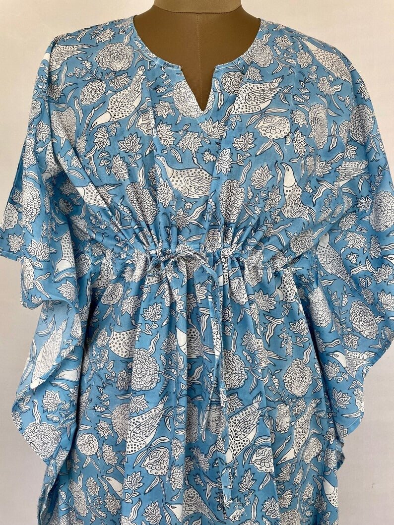 Pure Cotton Kaftan Summer Kimono Indian Block Printed Floral Beach Coverup, Comfy Maternity Mom | Sky Blue Bird White Floral Summer Cloth - The Eastern Loom