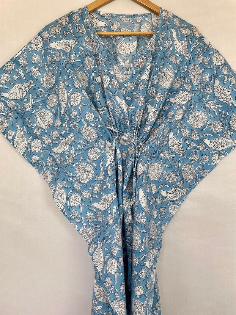 Pure Cotton Kaftan Summer Kimono Indian Block Printed Floral Beach Coverup, Comfy Maternity Mom | Sky Blue Bird White Floral Summer Cloth - The Eastern Loom