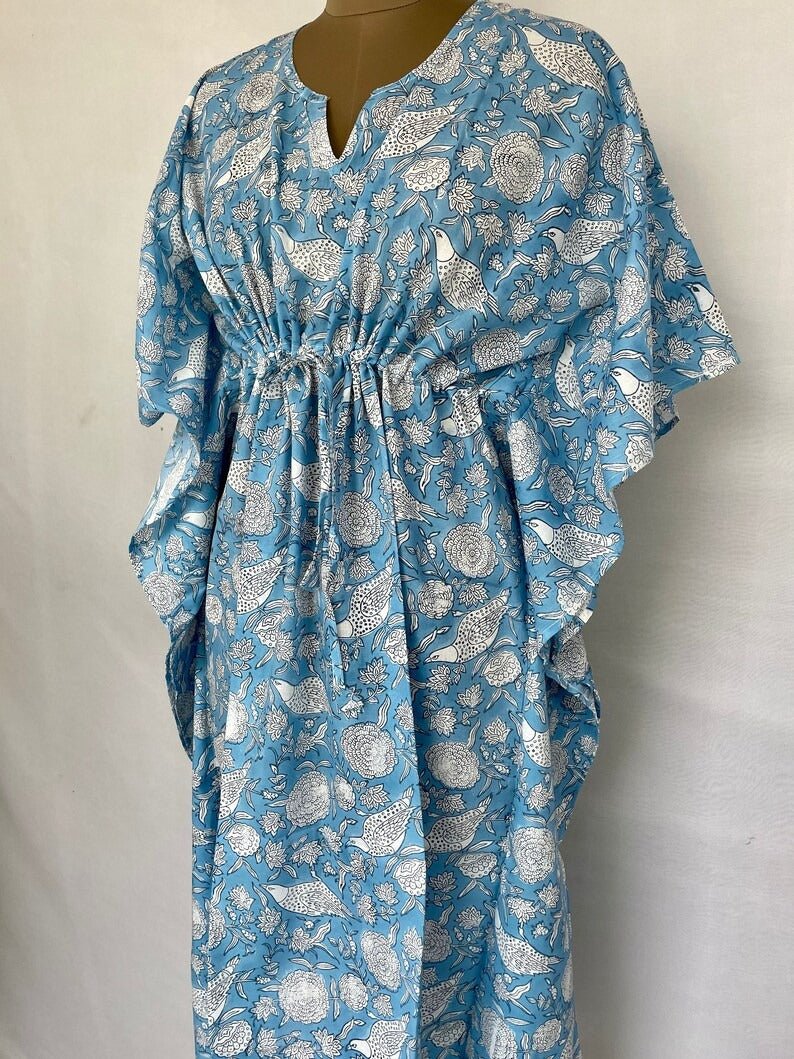 Pure Cotton Kaftan Summer Kimono Indian Block Printed Floral Beach Coverup, Comfy Maternity Mom | Sky Blue Bird White Floral Summer Cloth - The Eastern Loom