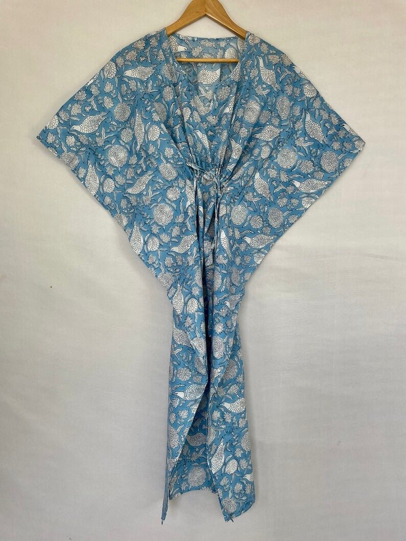 Pure Cotton Kaftan Summer Kimono Indian Block Printed Floral Beach Coverup, Comfy Maternity Mom | Sky Blue Bird White Floral Summer Cloth - The Eastern Loom