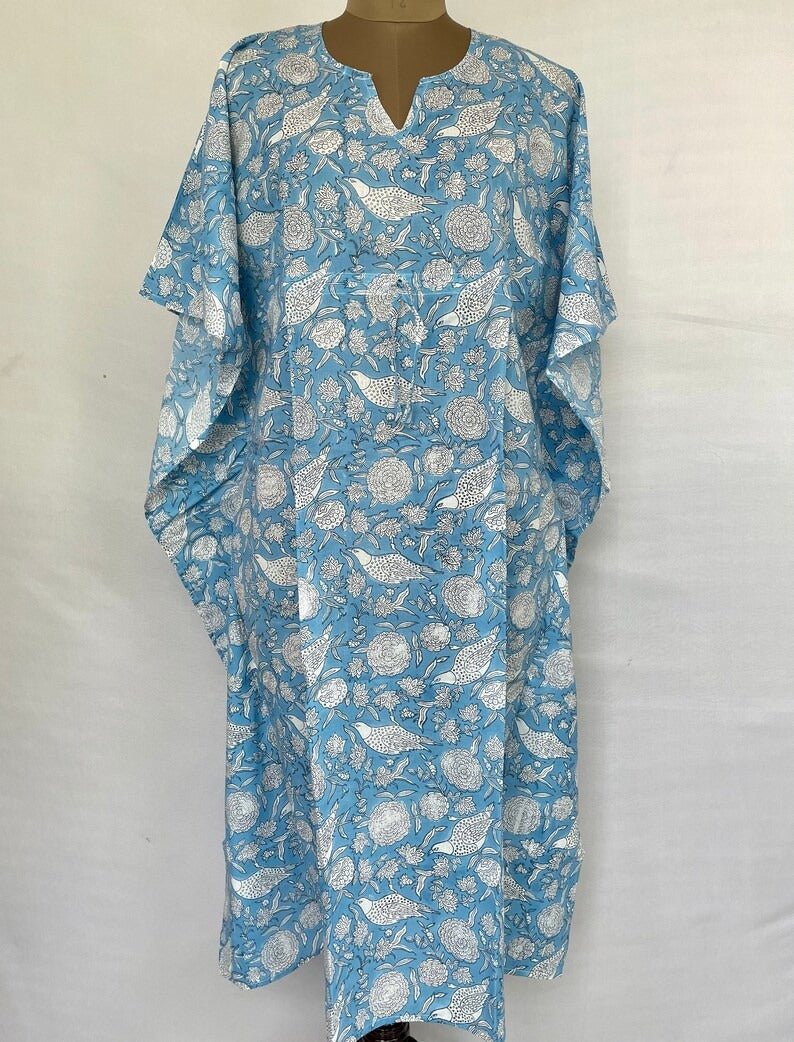 Pure Cotton Kaftan Summer Kimono Indian Block Printed Floral Beach Coverup, Comfy Maternity Mom | Sky Blue Bird White Floral Summer Cloth - The Eastern Loom