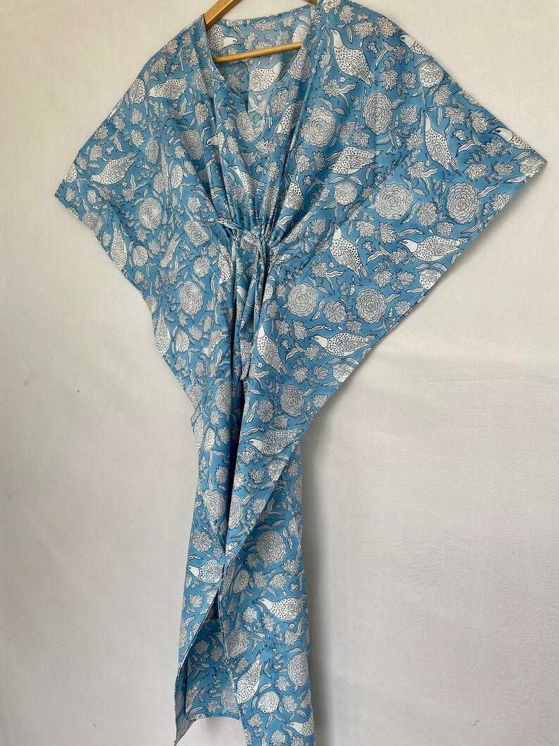 Pure Cotton Kaftan Summer Kimono Indian Block Printed Floral Beach Coverup, Comfy Maternity Mom | Sky Blue Bird White Floral Summer Cloth - The Eastern Loom