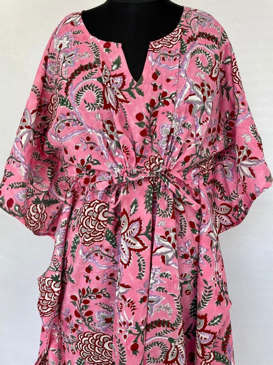 Pure Cotton Kaftan Summer Kimono Indian Block Printed Floral Beach Coverup | Comfy Maternity Mom | Soft Pink Floral Red Berries Summer Cloth - The Eastern Loom