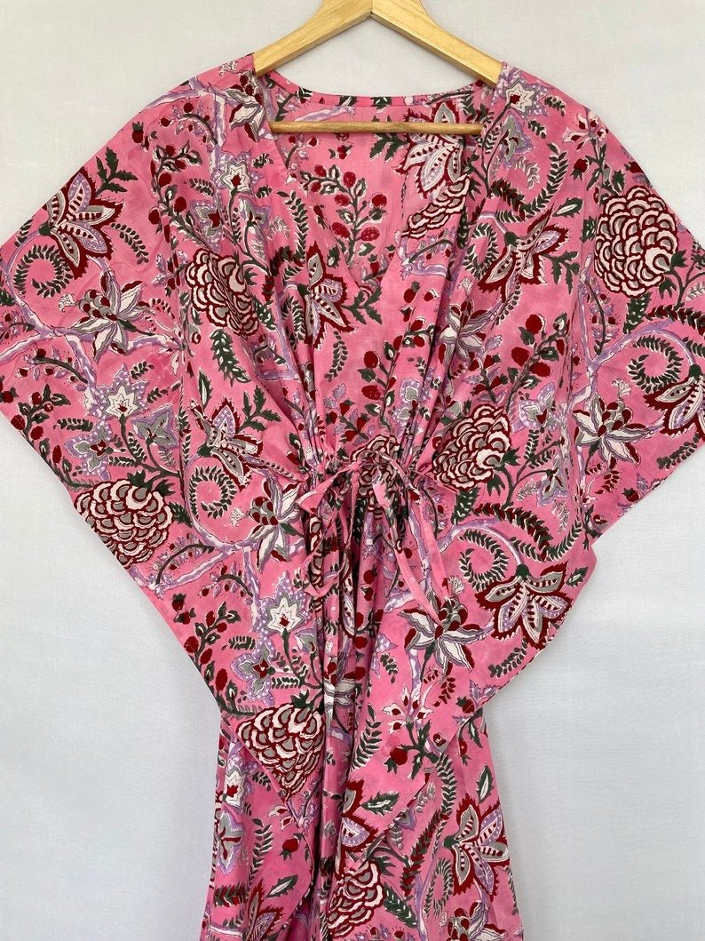 Pure Cotton Kaftan Summer Kimono Indian Block Printed Floral Beach Coverup | Comfy Maternity Mom | Soft Pink Floral Red Berries Summer Cloth - The Eastern Loom