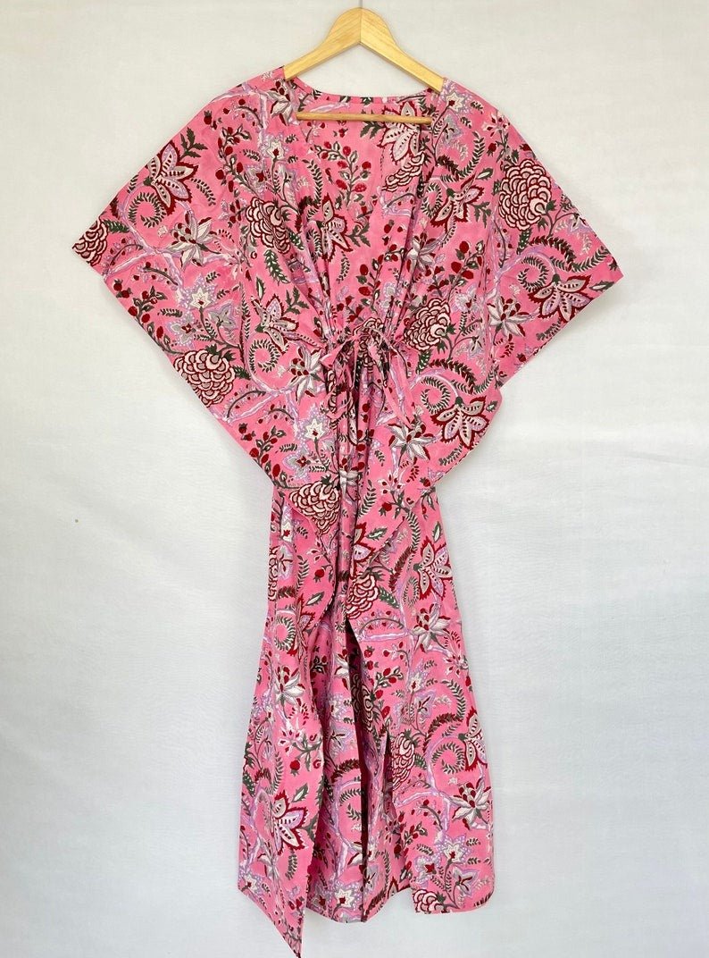 Pure Cotton Kaftan Summer Kimono Indian Block Printed Floral Beach Coverup | Comfy Maternity Mom | Soft Pink Floral Red Berries Summer Cloth - The Eastern Loom