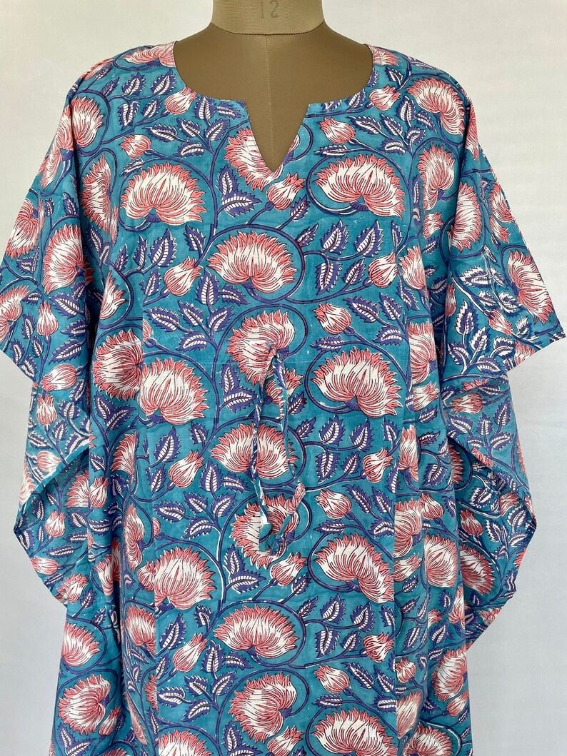 Pure Cotton Kaftan Summer Kimono Indian Block Printed Floral Beach Coverup, Comfy Maternity Mom | Stone Blue Pink Lotus Floral Summer Cloth - The Eastern Loom