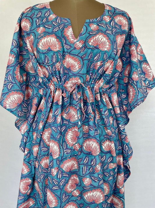 Pure Cotton Kaftan Summer Kimono Indian Block Printed Floral Beach Coverup, Comfy Maternity Mom | Stone Blue Pink Lotus Floral Summer Cloth - The Eastern Loom