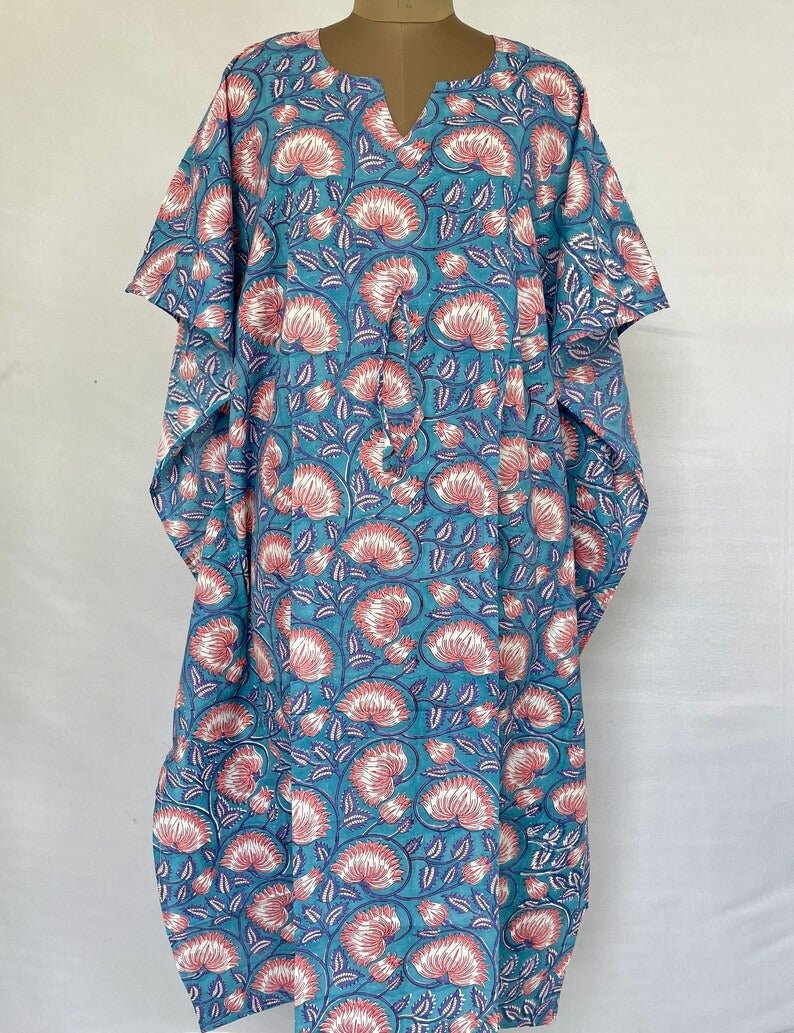 Pure Cotton Kaftan Summer Kimono Indian Block Printed Floral Beach Coverup, Comfy Maternity Mom | Stone Blue Pink Lotus Floral Summer Cloth - The Eastern Loom