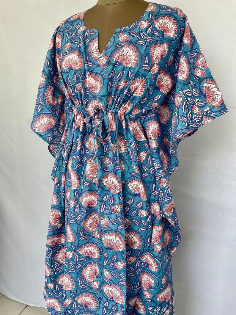 Pure Cotton Kaftan Summer Kimono Indian Block Printed Floral Beach Coverup, Comfy Maternity Mom | Stone Blue Pink Lotus Floral Summer Cloth - The Eastern Loom