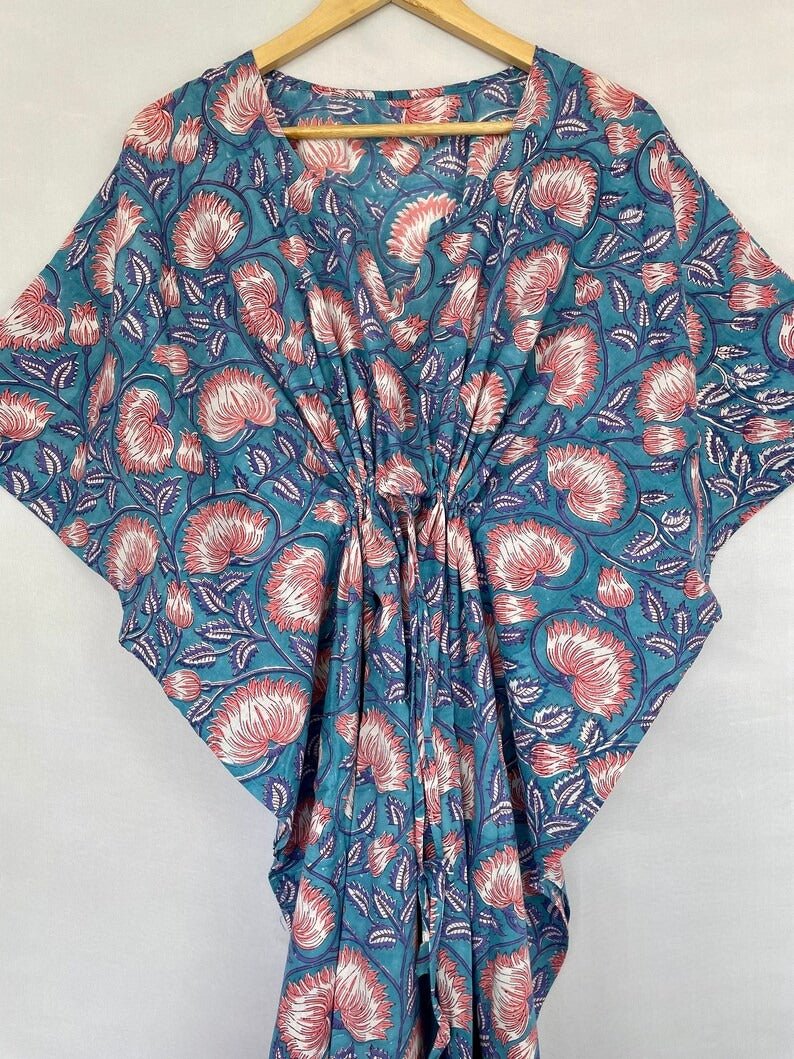 Pure Cotton Kaftan Summer Kimono Indian Block Printed Floral Beach Coverup, Comfy Maternity Mom | Stone Blue Pink Lotus Floral Summer Cloth - The Eastern Loom