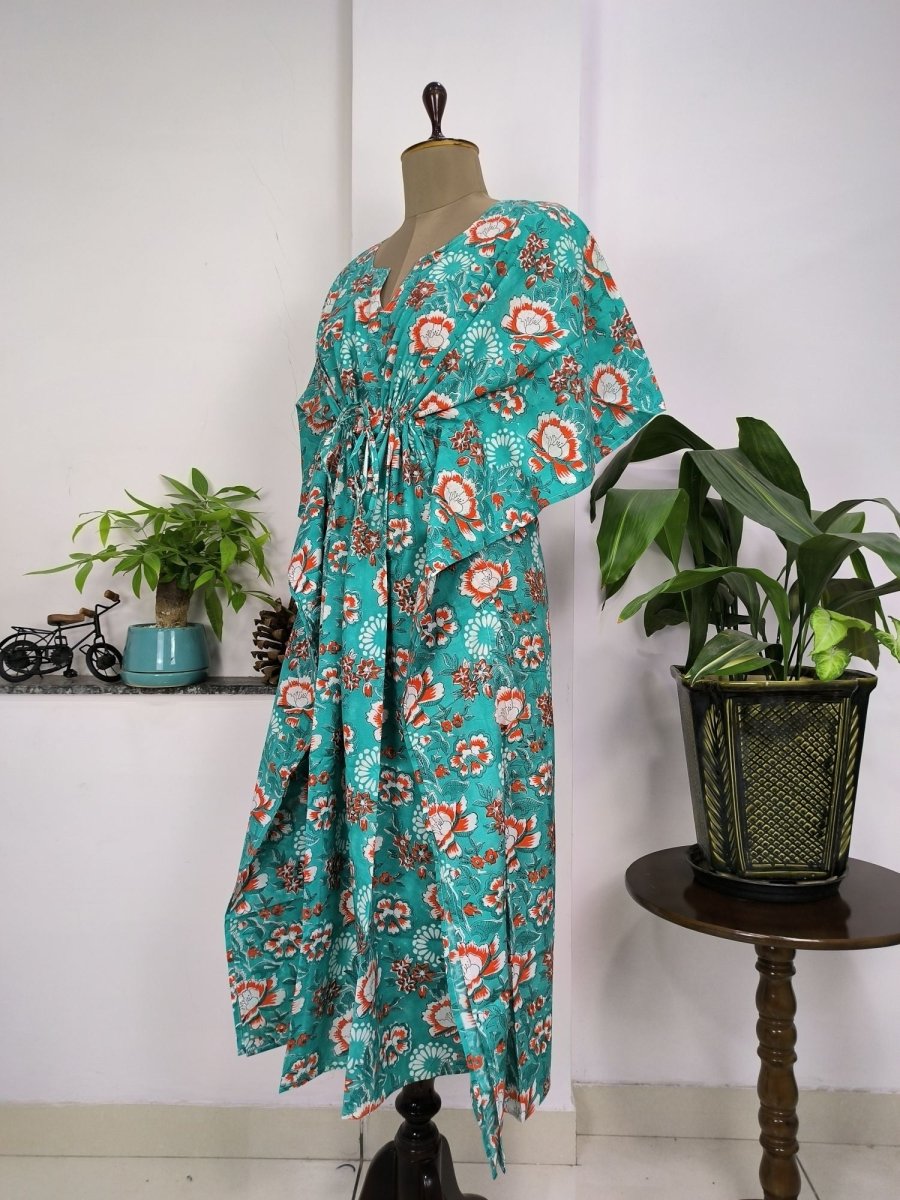 Pure Cotton Kaftan Summer Wear Indian Block Printed Floral Beach Coverup, Comfy Maternity Mom | Blue Hues Garden Floral For Her - The Eastern Loom