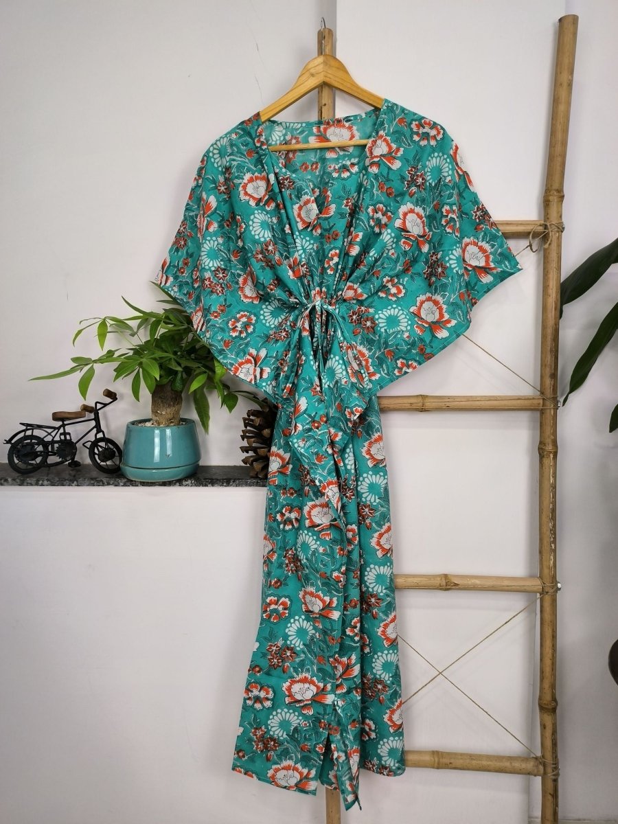 Pure Cotton Kaftan Summer Wear Indian Block Printed Floral Beach Coverup, Comfy Maternity Mom | Blue Hues Garden Floral For Her - The Eastern Loom