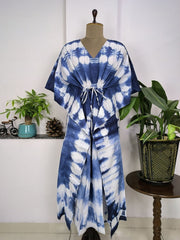 Pure Cotton Kaftan Summer Wear Indian Block Printed Floral Beach Coverup, Comfy Maternity Mom | Blue Indigo Tie Dye For Her - The Eastern Loom