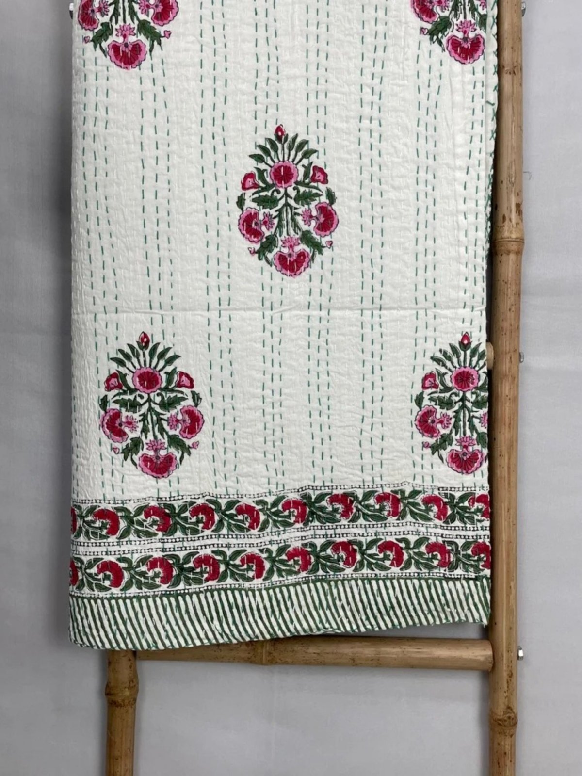 Pure Cotton Kantha Reversible Bed/Sofa Throw King Size | Hand Stitched Block print Floral Dohar | Pink Persian Paisley Leaf Motifs Stripes - The Eastern Loom