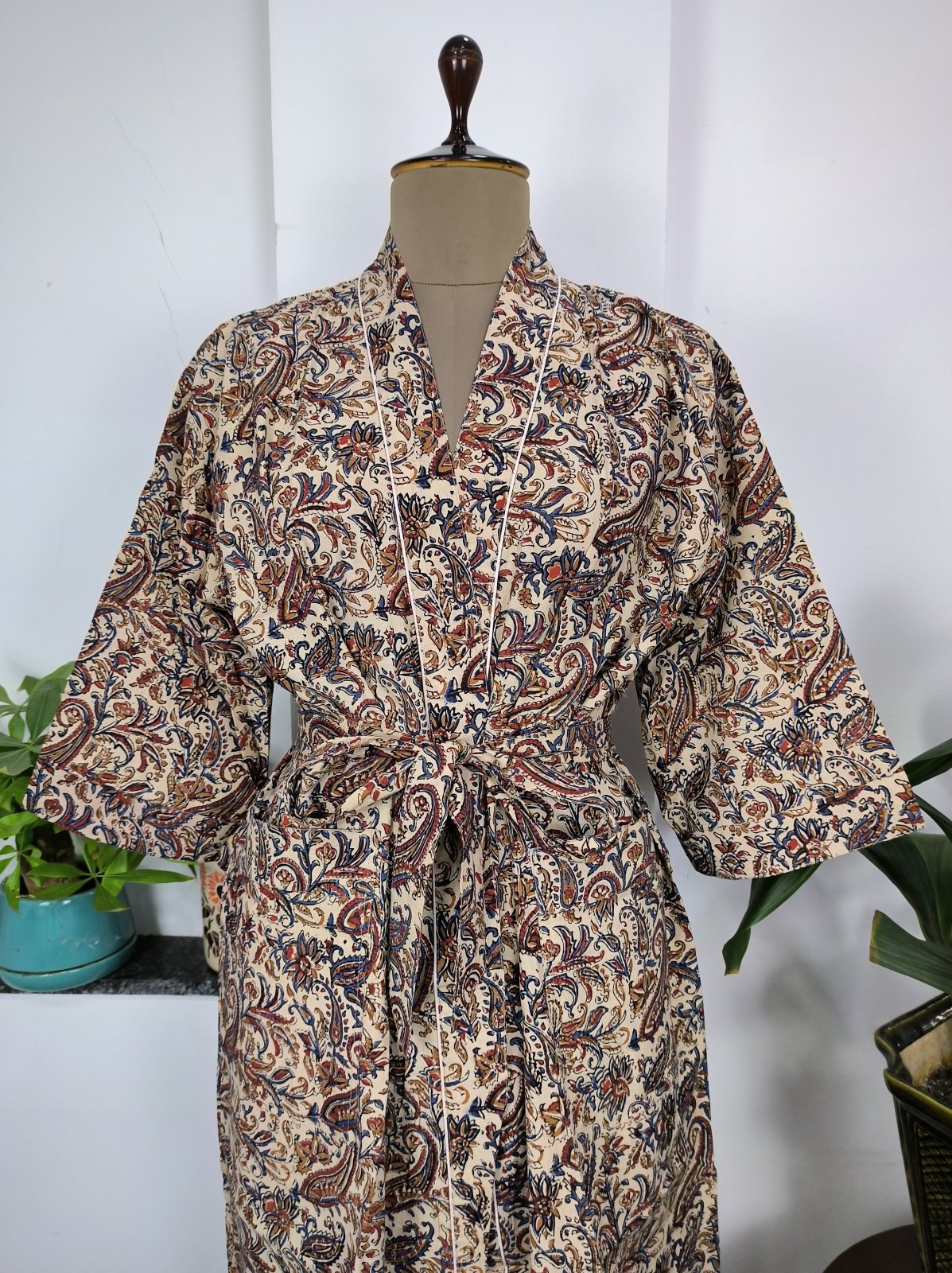 Pure Cotton Kimono Indian Hand Block Boho House Robe Summer Dress | Beige Red Paisley Persian King Luxury Beach Holiday Yacht Cover Up - The Eastern Loom