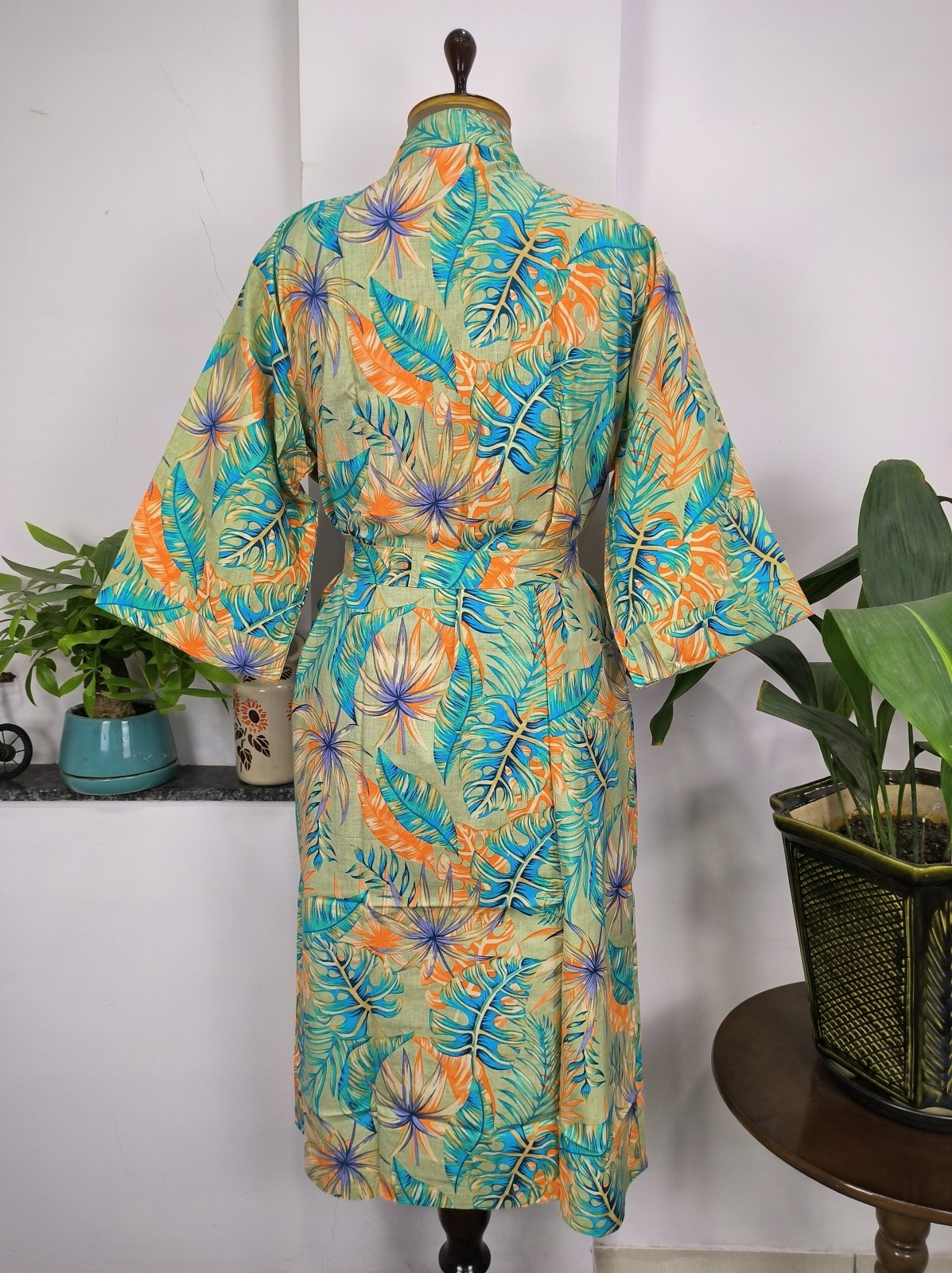 Pure Cotton Kimono Indian Hand Block Boho House Robe Summer Dress | Monstera Gin Green Leaf Morning Dew Luxury Beach Holiday Yacht Cover Up - The Eastern Loom