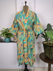 Pure Cotton Kimono Indian Hand Block Boho House Robe Summer Dress | Monstera Gin Green Leaf Morning Dew Luxury Beach Holiday Yacht Cover Up - The Eastern Loom