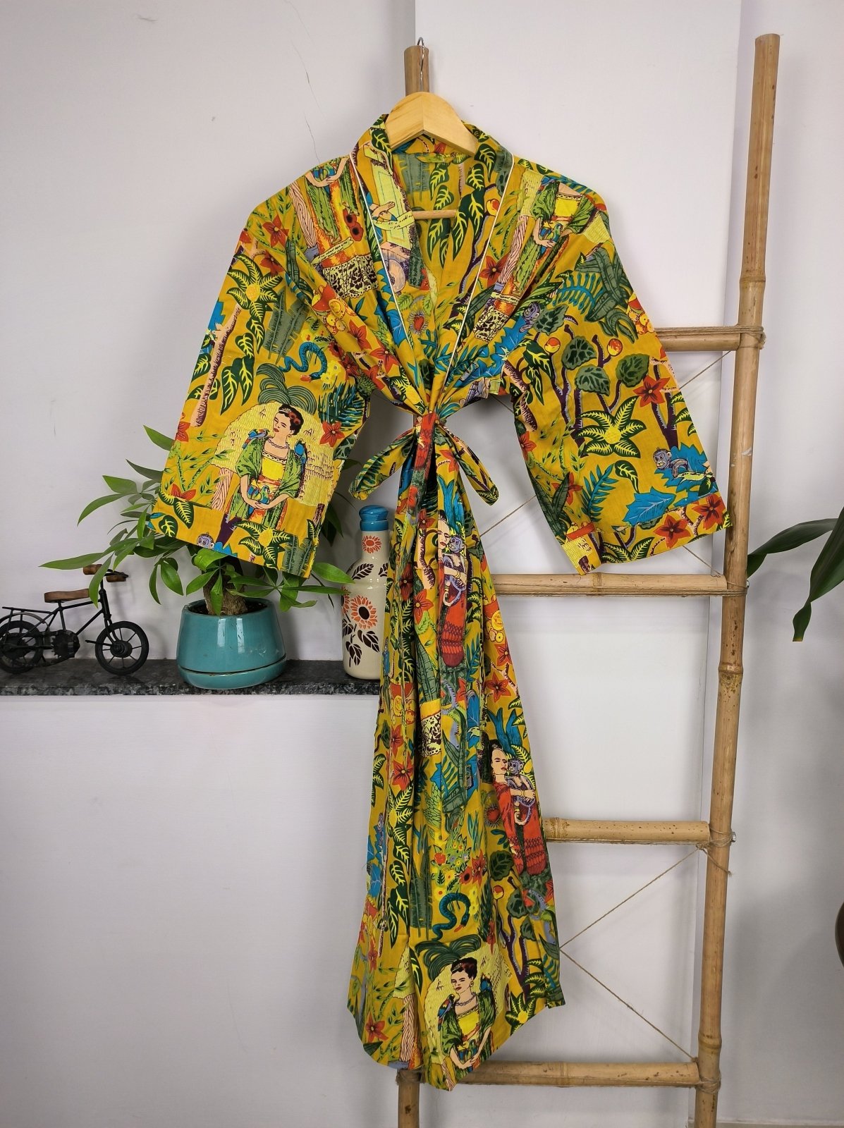 Pure Cotton Kimono Indian Hand Block Boho House Robe Summer Dress | Mustard Yellow Hue Farida Khalo Luxury Beach Holiday Yacht Cover Up - The Eastern Loom