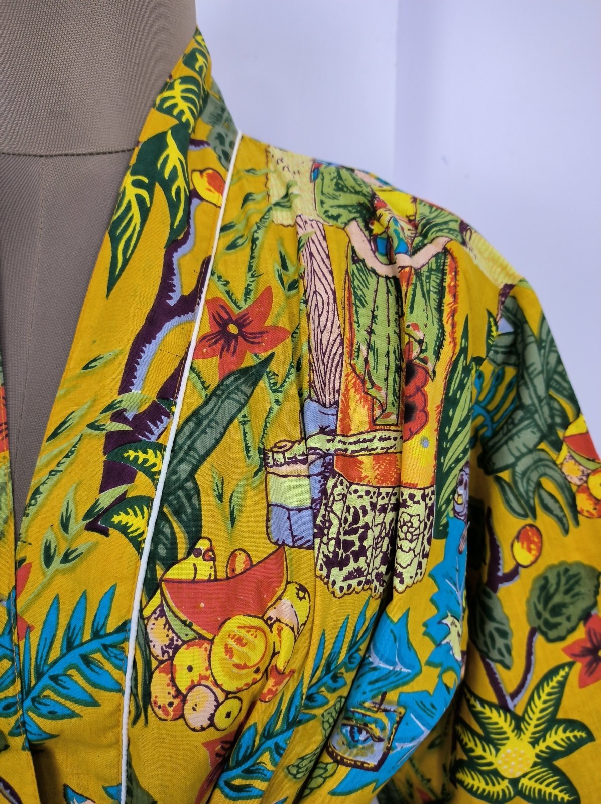 Pure Cotton Kimono Indian Hand Block Boho House Robe Summer Dress | Mustard Yellow Hue Farida Khalo Luxury Beach Holiday Yacht Cover Up - The Eastern Loom