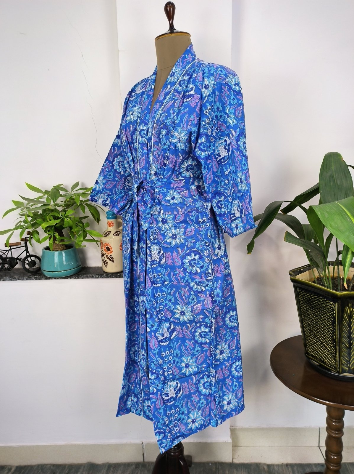 Pure Cotton Kimono Indian Handprinted Boho House Robe Summer Dress | Aqua Blue Hues Floral Rose Luxury Cover Up | Maternity Mom Bridal - The Eastern Loom