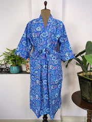Pure Cotton Kimono Indian Handprinted Boho House Robe Summer Dress | Aqua Blue Hues Floral Rose Luxury Cover Up | Maternity Mom Bridal - The Eastern Loom