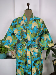 Pure Cotton Kimono Indian Handprinted Boho House Robe Summer Dress | Aqua Blue Peacock Bird Beach Luxurious Cover Up, Maternity Mom Bridal - The Eastern Loom