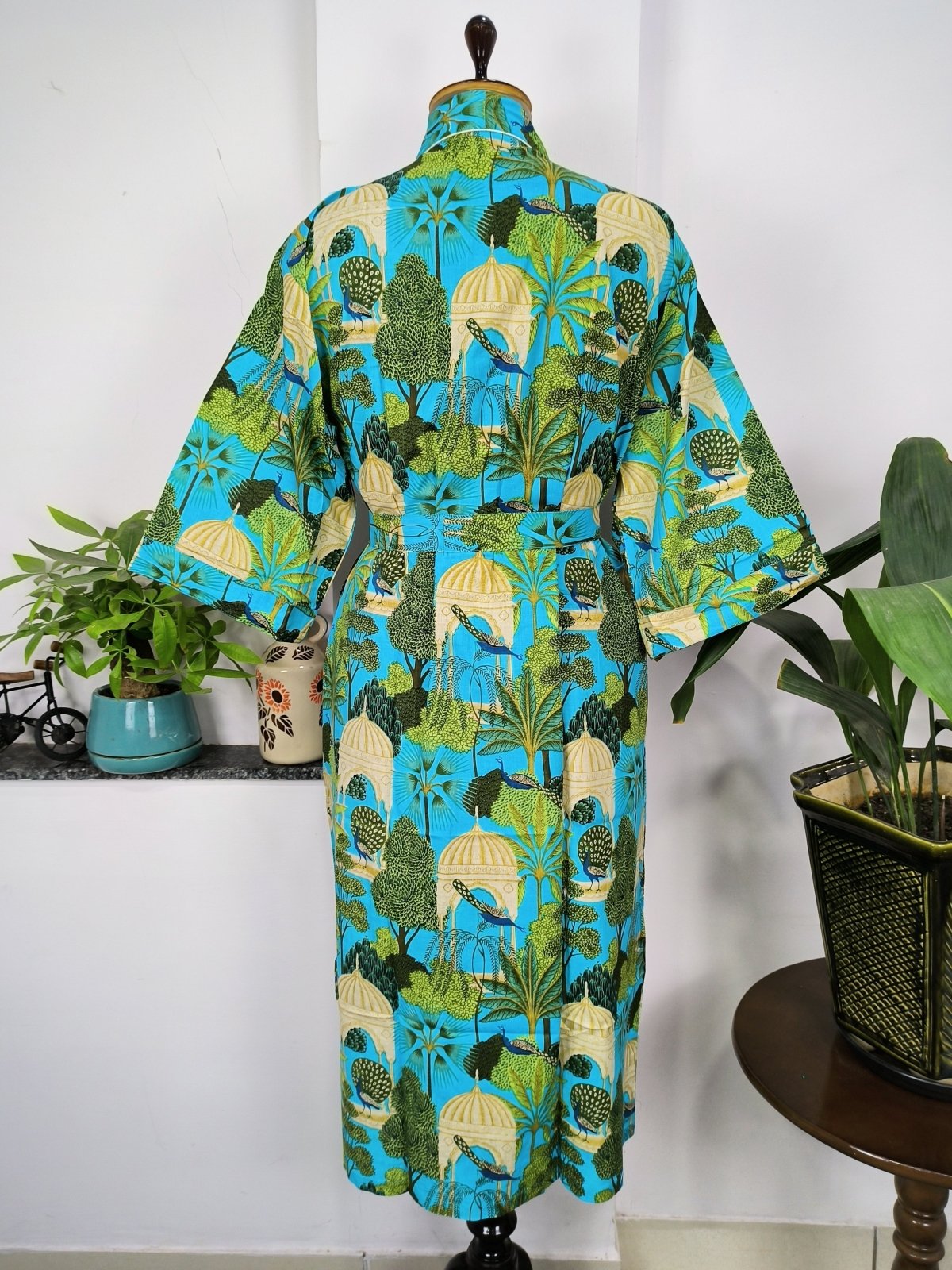 Pure Cotton Kimono Indian Handprinted Boho House Robe Summer Dress | Aqua Blue Peacock Bird Beach Luxurious Cover Up, Maternity Mom Bridal - The Eastern Loom