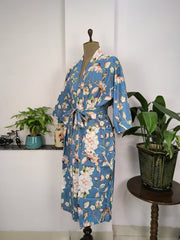 Pure Cotton Kimono Indian Handprinted Boho House Robe Summer Dress, Aqua Blue white Floral Beach Coverup Maternity Mom Bridal - The Eastern Loom