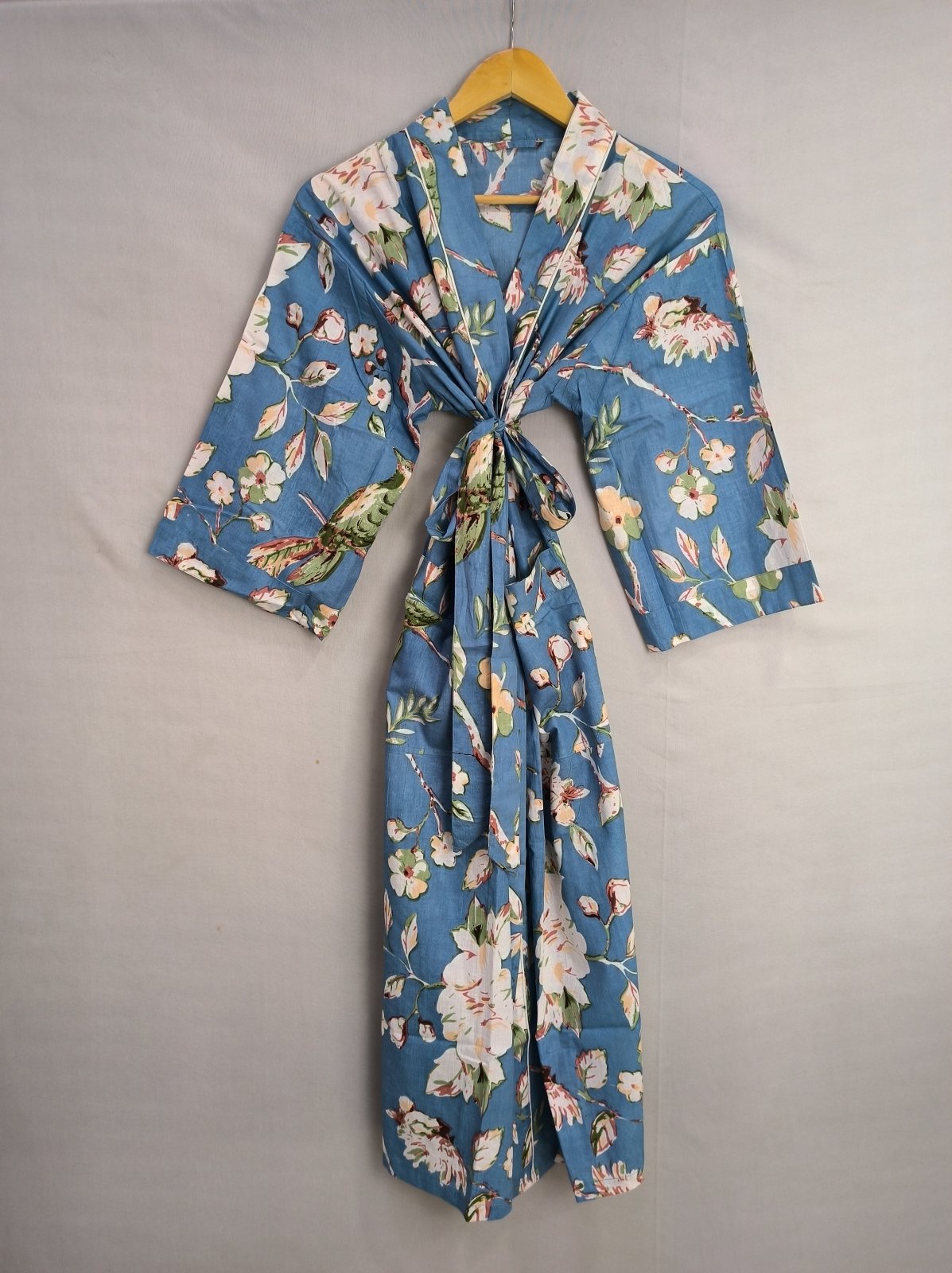 Pure Cotton Kimono Indian Handprinted Boho House Robe Summer Dress, Aqua Blue white Floral Beach Coverup Maternity Mom Bridal - The Eastern Loom