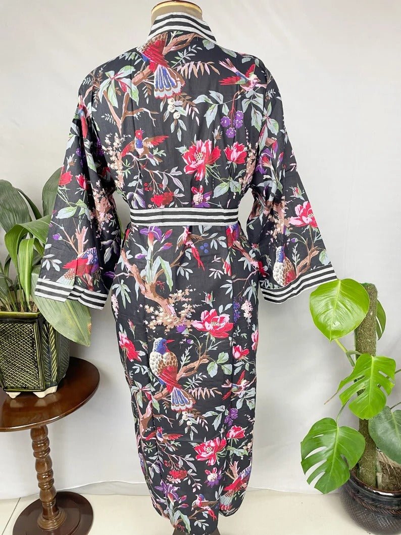 Pure Cotton Kimono Indian Handprinted Boho House Robe Summer Dress, Black Bird Stripes Beach Coverup Maternity Mom Bridal - The Eastern Loom