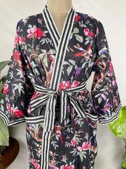 Pure Cotton Kimono Indian Handprinted Boho House Robe Summer Dress, Black Bird Stripes Beach Coverup Maternity Mom Bridal - The Eastern Loom